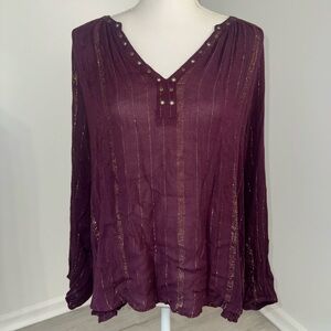 Rock & Republic Blouse Purple Gold Stripe High Low Hem Long Sleeve Size L Witchy